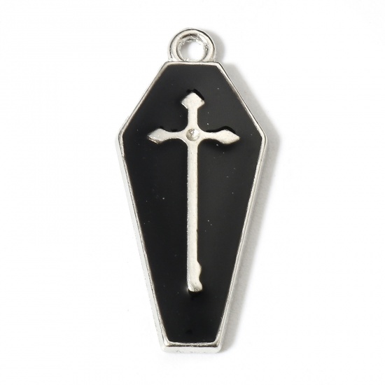 Picture of Zinc Based Alloy Halloween Charms Silver Tone Black Coffin Cross Enamel 26mm x 12mm, 10 PCs