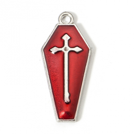 Picture of Zinc Based Alloy Halloween Charms Silver Tone Red Coffin Cross Enamel 26mm x 12mm, 10 PCs