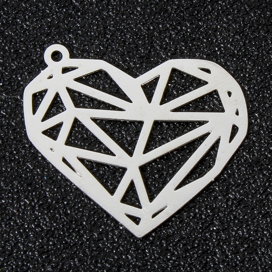 Picture of 10 PCs Iron Based Alloy Origami Charms Silver Tone Heart Filigree Stamping 27cm x 22.5cm