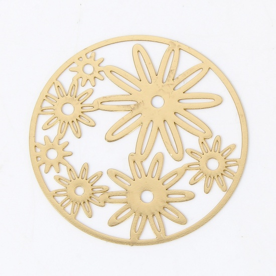 Picture of 10 PCs Iron Based Alloy Filigree Stamping Charms KC Gold Plated Round Flower Hollow 3.5cm Dia.