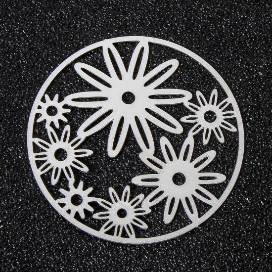 Picture of 10 PCs Iron Based Alloy Filigree Stamping Charms Silver Tone Round Flower Hollow 3.5cm Dia.