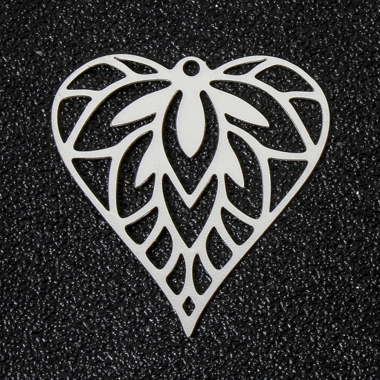 Picture of 10 PCs Iron Based Alloy Filigree Stamping Charms Silver Tone Heart Hollow 3cm x 2.8cm