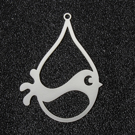 Picture of 10 PCs Iron Based Alloy Filigree Stamping Charms Silver Tone Drop Bird Hollow 4.1cm x 3cm