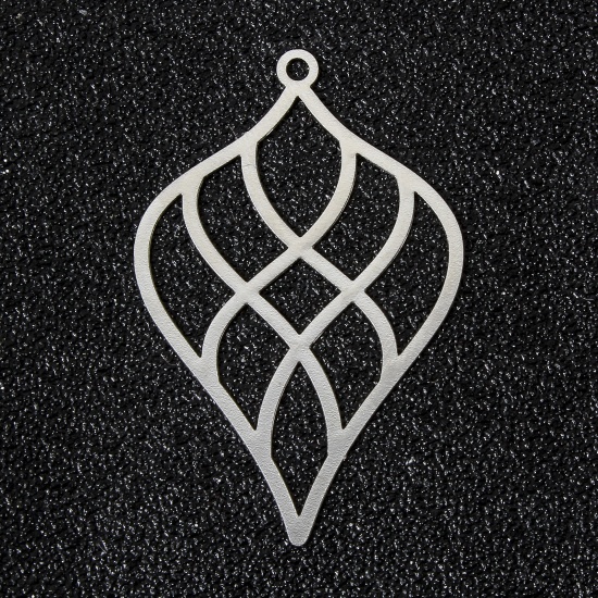 Picture of 10 PCs Iron Based Alloy Filigree Stamping Charms Silver Tone Petaline Hollow 4cm x 2.6cm