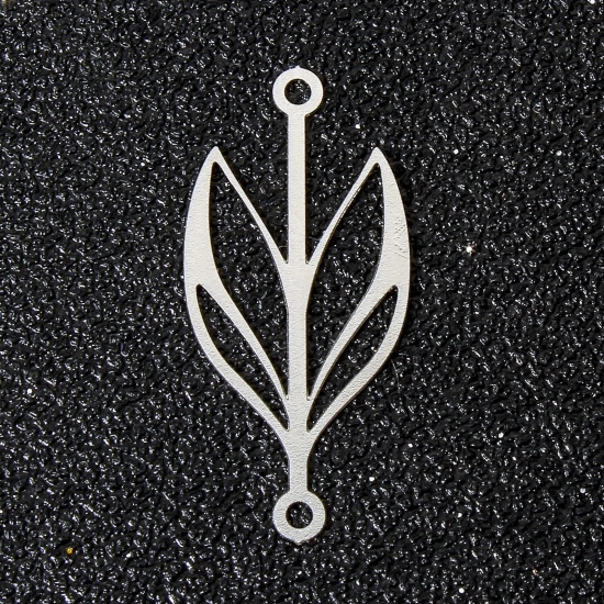 Picture of 20 PCs Iron Based Alloy Filigree Stamping Connectors Charms Pendants Silver Tone Leaf 25mm x 11.5mm