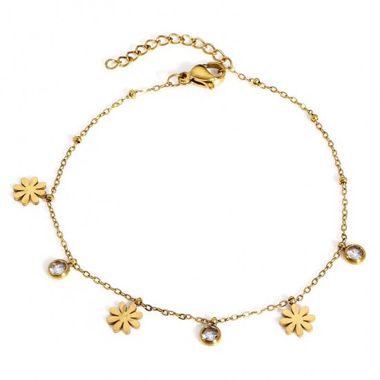 Picture of 1 Piece 304 Stainless Steel Flora Collection Link Cable Chain Bracelets Gold Plated Daisy Flower With Lobster Claw Clasp And Extender Chain 18cm(7 1/8") long