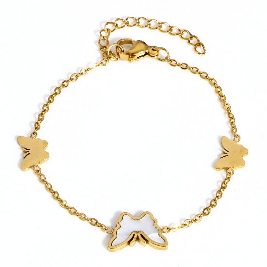 Picture of Wholesale Butterfly Animal 304 Stainless Steel & Natural Shell Link Cable Chain Bracelets, Gold Plated Women's Insect Gift Jewelry Supply, 16cm(6.3") long, 1 Piece