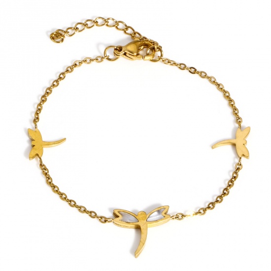 Image de 1 Pièce Bracelets Chaîne Maille Forçat Insecte en 304 Acier Inoxydable & Coquille Naturelle Doré Libellule 16cm long