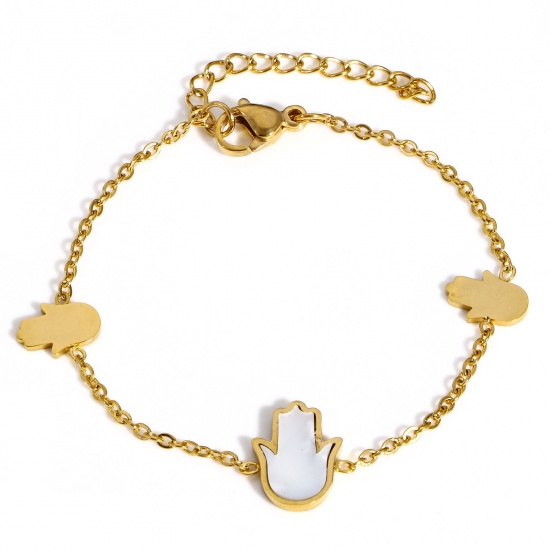 Image de 1 Pièce Bracelets Chaîne Maille Forçat Religieux en 304 Acier Inoxydable & Coquille Naturelle Doré Khamsa Symbole Paume 16cm long