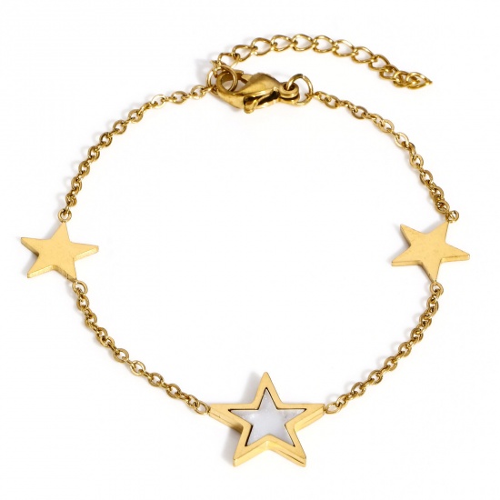 Picture of Wholesale Pentagram Star 304 Stainless Steel & Natural Shell Link Cable Chain Bracelets, Gold Plated Women's Galaxy Gift Jewelry Supply, 16cm(6.3") long, 1 Piece