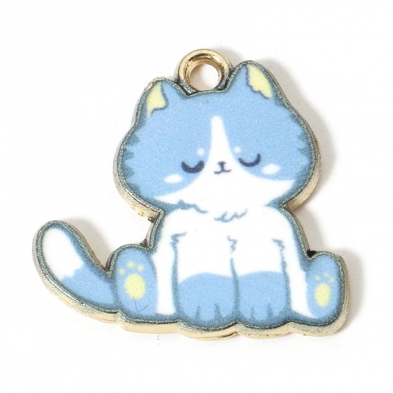 Bild von Zinklegierung Charms Vergoldet Weiß & Blau Katze Emaille 20mm x 20mm, 10 Stück