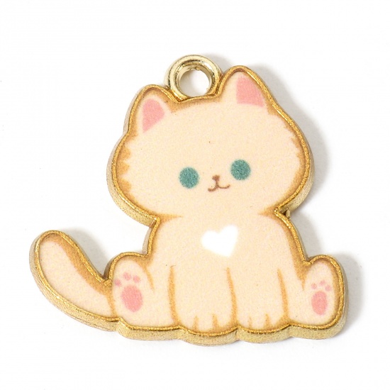 Bild von Zinklegierung Charms Vergoldet helle Beige Katze Emaille 20mm x 20mm, 10 Stück