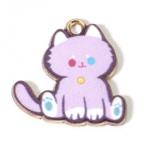 Bild von Zinklegierung Charms Vergoldet Lila Katze Emaille 20mm x 20mm, 10 Stück