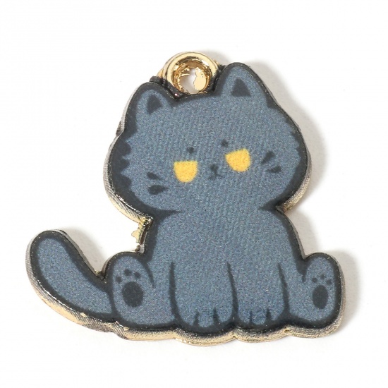 Bild von Zinklegierung Charms Vergoldet Dunkelgrau Katze Emaille 20mm x 20mm, 10 Stück