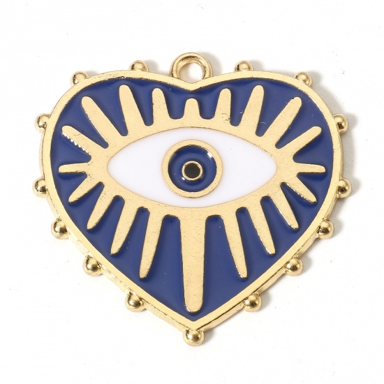 Imagen de Zamak Religión Colgantes Charms Chapado en Oro Azul Oscuro Corazón Mal de ojo Esmalte 28mm x 27mm, 10 Unidades