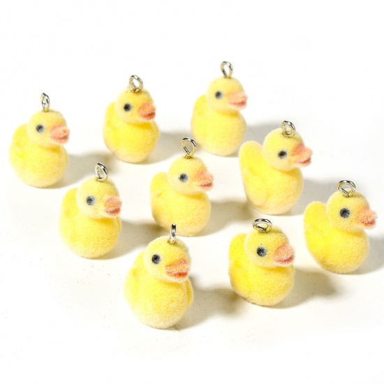 Picture of 5 PCs Acrylic 3D Charms Duck Animal Silver Tone Yellow Flocking 23mm x 19mm