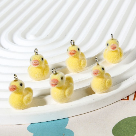 Picture of 5 PCs Acrylic 3D Charms Duck Animal Silver Tone Yellow Flocking 23mm x 19mm