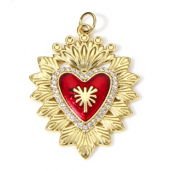 Picture of 1 Piece Brass Religious Pendants 18K Real Gold Plated Red Crown Ex Voto Heart Enamel Clear Cubic Zirconia 3.5cm x 2.5cm                                                                                                                                       