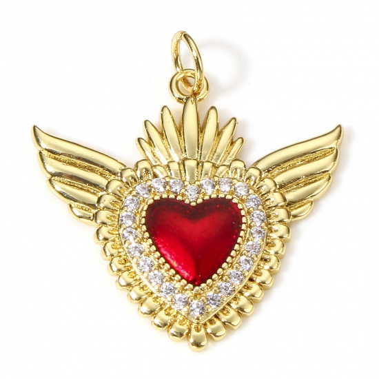 Picture of 1 Piece Brass Religious Pendants 18K Real Gold Plated Red Wing Ex Voto Heart Enamel Clear Cubic Zirconia 26mm x 24mm                                                                                                                                          