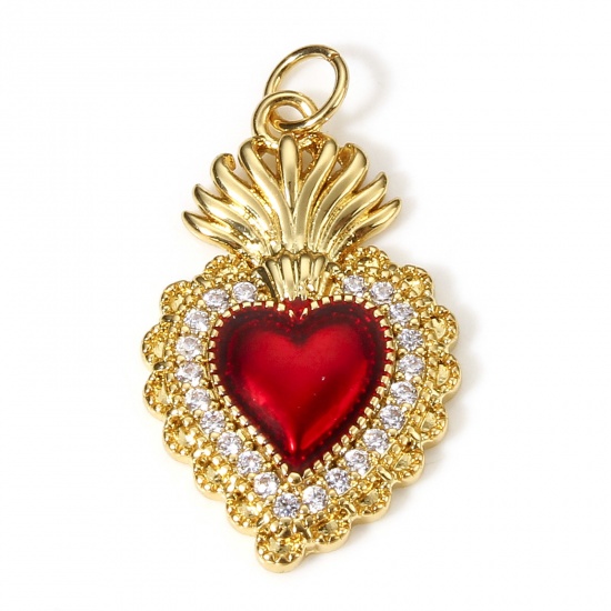 Picture of 1 Piece Brass Religious Pendants 18K Real Gold Plated Red Ex Voto Heart Enamel Clear Cubic Zirconia 28mm x 16mm                                                                                                                                               