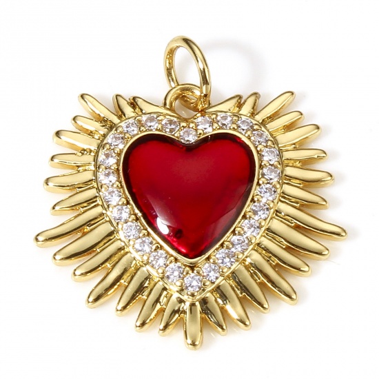 Picture of 1 Piece Brass Religious Pendants 18K Real Gold Plated Red Ex Voto Heart Enamel Clear Cubic Zirconia 21mm x 19.5mm                                                                                                                                             