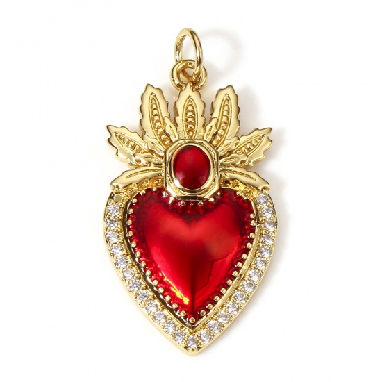 Picture of 1 Piece Brass Religious Pendants 18K Real Gold Plated Red Ex Voto Heart Enamel Clear Cubic Zirconia 3.1cm x 1.6cm                                                                                                                                             