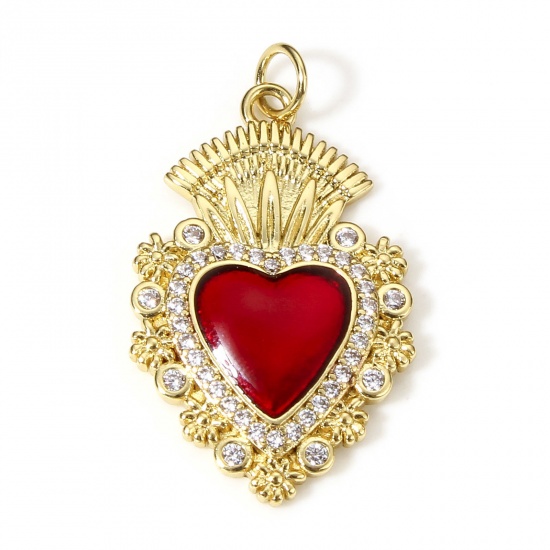 Picture of 1 Piece Brass Religious Pendants 18K Real Gold Plated Red Ex Voto Heart Enamel Clear Cubic Zirconia 3.1cm x 1.8cm                                                                                                                                             
