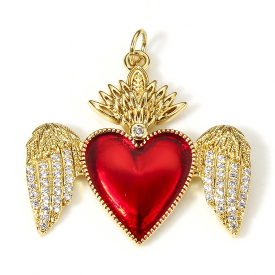 Picture of 1 Piece Brass Religious Pendants 18K Real Gold Plated Red Wing Ex Voto Heart Enamel Clear Cubic Zirconia 3.2cm x 2.7cm                                                                                                                                        