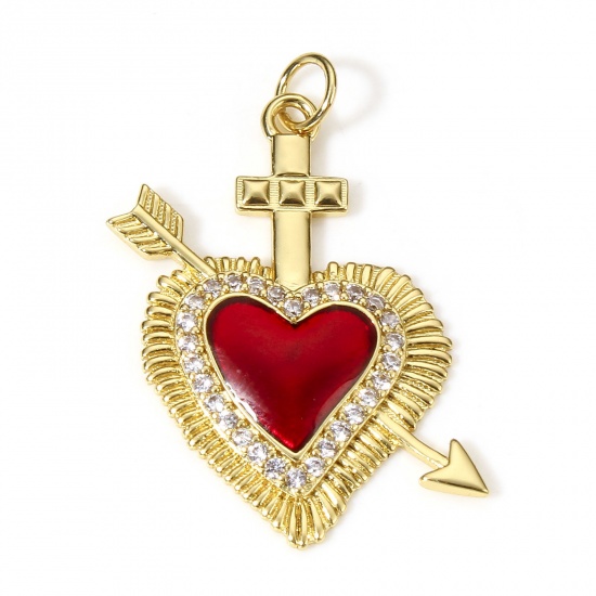 Picture of 1 Piece Brass Religious Pendants 18K Real Gold Plated Red Arrow Ex Voto Heart Enamel Clear Cubic Zirconia 3.1cm x 1.8cm                                                                                                                                       
