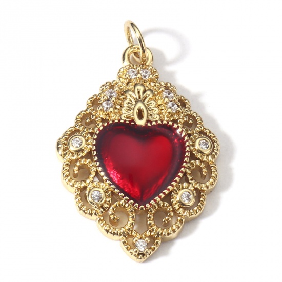 Picture of 1 Piece Brass Religious Pendants 18K Real Gold Plated Red Ex Voto Heart Enamel Clear Cubic Zirconia 27.5mm x 17.5mm                                                                                                                                           