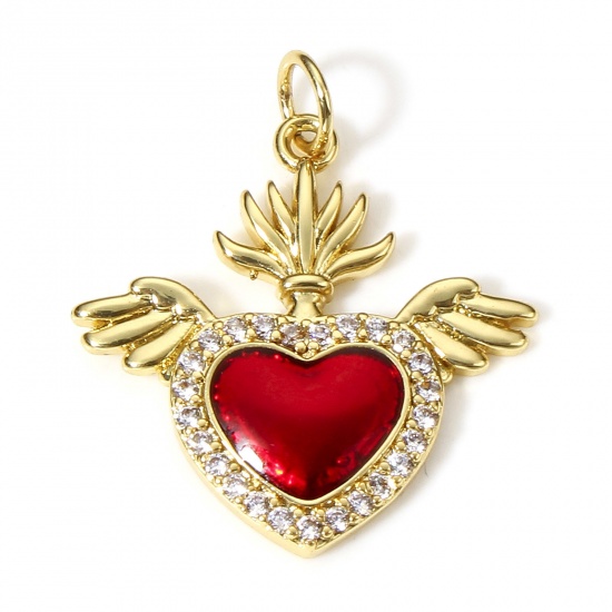 Picture of 1 Piece Brass Religious Pendants 18K Real Gold Plated Red Wing Ex Voto Heart Enamel Clear Cubic Zirconia 23.5mm x 21.5mm                                                                                                                                      