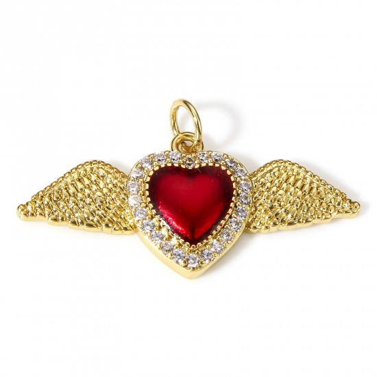 Picture of 1 Piece Brass Religious Pendants 18K Real Gold Plated Red Wing Ex Voto Heart Enamel Clear Cubic Zirconia 3.1cm x 1.7cm                                                                                                                                        