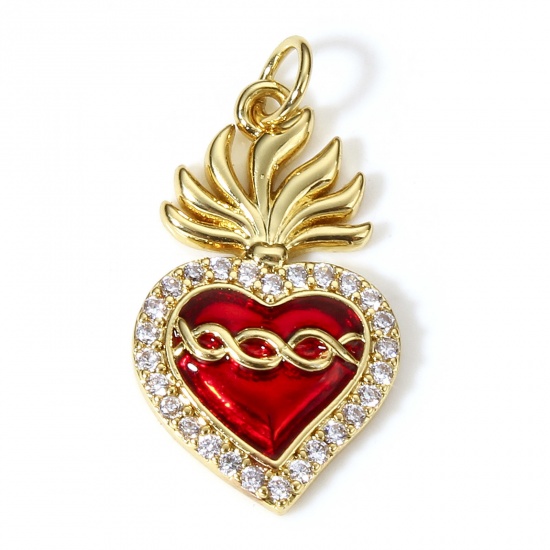 Picture of 1 Piece Brass Religious Pendants 18K Real Gold Plated Red Rope Knot Ex Voto Heart Enamel Clear Cubic Zirconia 23.5mm x 13.5mm                                                                                                                                 