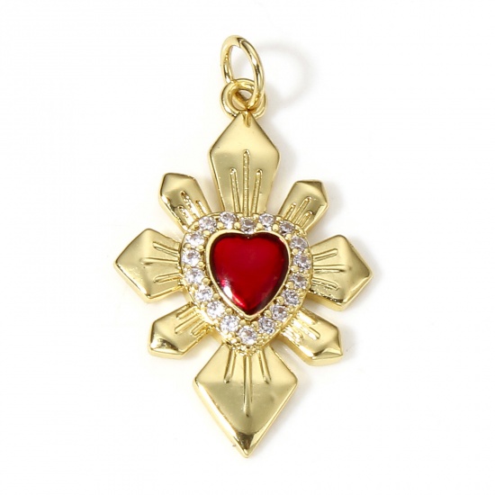 Picture of 1 Piece Brass Religious Pendants 18K Real Gold Plated Red Cross Ex Voto Heart Enamel Clear Cubic Zirconia 29.5mm x 17mm                                                                                                                                       