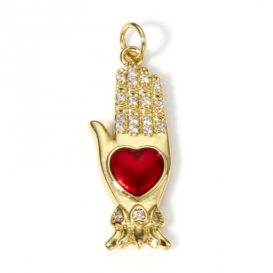 Picture of 1 Piece Brass Religious Pendants 18K Real Gold Plated Red Hand Ex Voto Heart Enamel Clear Cubic Zirconia 3.1cm x 1cm                                                                                                                                          