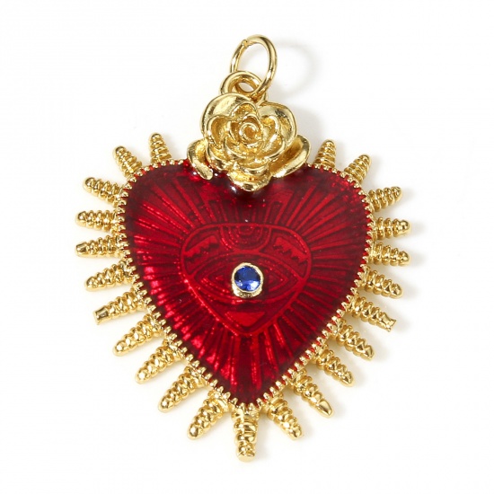 Picture of 1 Piece Brass Religious Pendants 18K Real Gold Plated Red Rose Flower Ex Voto Heart Enamel Clear Cubic Zirconia 3.4cm x 2.5cm                                                                                                                                 