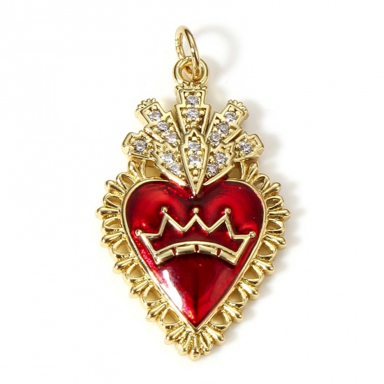 Picture of 1 Piece Brass Religious Pendants 18K Real Gold Plated Red Crown Ex Voto Heart Enamel Clear Cubic Zirconia 3cm x 1.7cm                                                                                                                                         