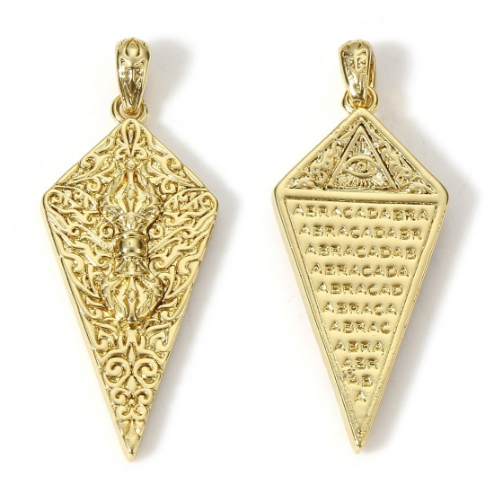 Picture of 1 Piece Brass Religious Pendants 18K Real Gold Plated Rhombus Indra Signifying Thunder Double Sided 3.8cm x 1.5cm                                                                                                                                             