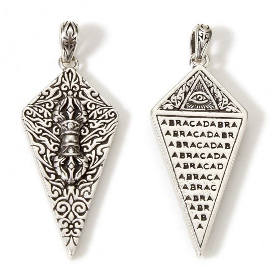 Picture of 1 Piece Brass Religious Pendants Antique Silver Color Rhombus Indra Signifying Thunder Double Sided 3.8cm x 1.5cm                                                                                                                                             