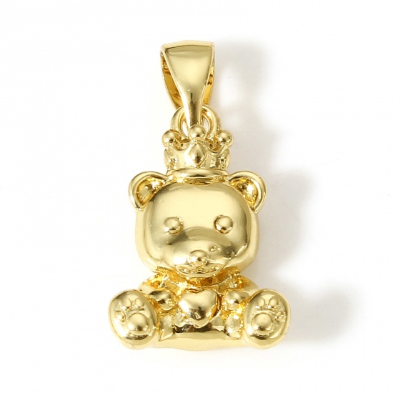 Picture of 1 Piece Brass Charm Pendant 18K Real Gold Plated Bear Animal 3D 22mm x 11mm