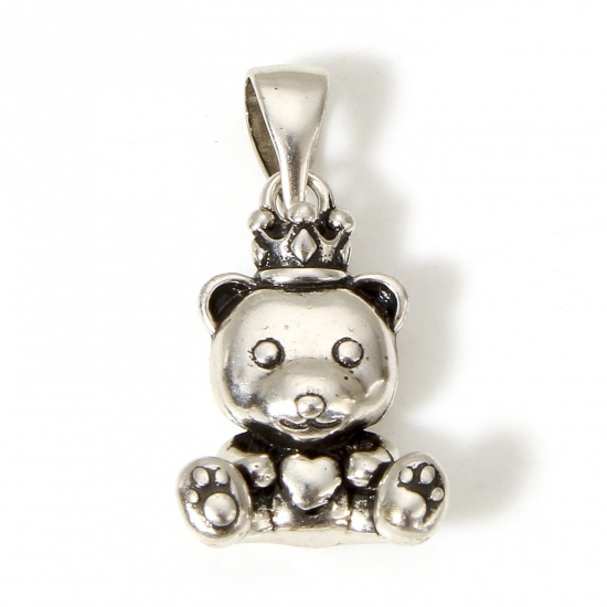 Picture of 1 Piece Brass Charm Pendant Antique Silver Color Bear Animal 3D 22mm x 11mm