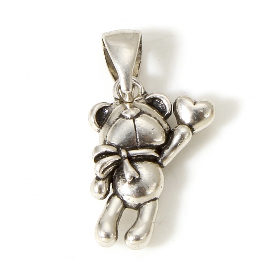 Picture of 1 Piece Brass Charm Pendant Antique Silver Color Bear Animal Heart 3D 20.5mm x 10mm