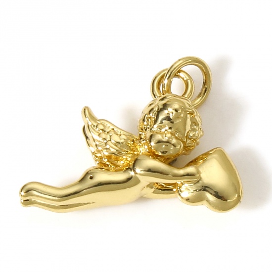 Picture of 1 Piece Brass Religious Charms 18K Real Gold Plated Angel Heart 3D 15mm x 13.5mm