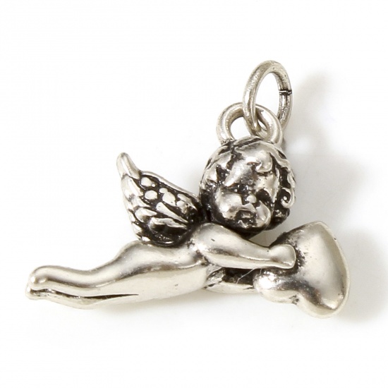 Picture of 1 Piece Brass Religious Charms Antique Silver Color Angel Heart 3D 15mm x 13.5mm