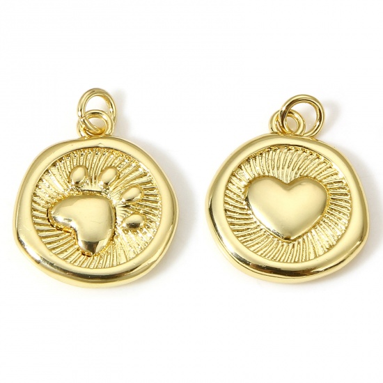 Picture of 1 Piece Brass Pet Memorial Charms 18K Real Gold Plated Dog Paw Claw Heart Double Sided 18.5mm x 13.5mm                                                                                                                                                        