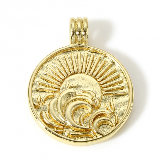 Image de 1 Pièce Breloques en Laiton Soleil Plaqué Or Véritable 18K Vague 22.5mm x 17.5mm