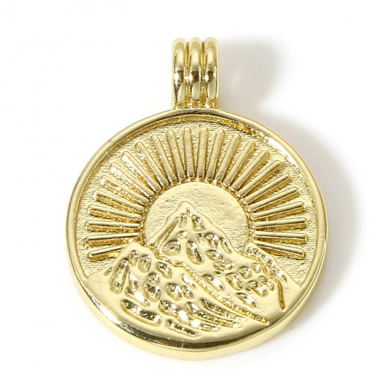 Image de 1 Pièce Breloques en Laiton Soleil Plaqué Or Véritable 18K Montagne 22.5mm x 17.5mm