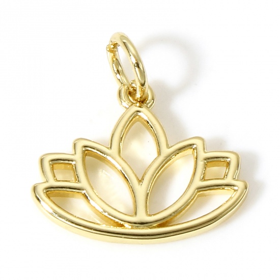 Picture of 1 Piece Brass Religious Charms 18K Real Gold Plated Lotus Flower Hollow 15mm x 15mm