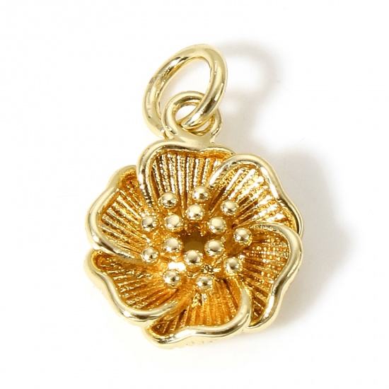 Picture of 1 Piece Brass Charms 18K Real Gold Plated Flower 3D 16mm x 10.5mm