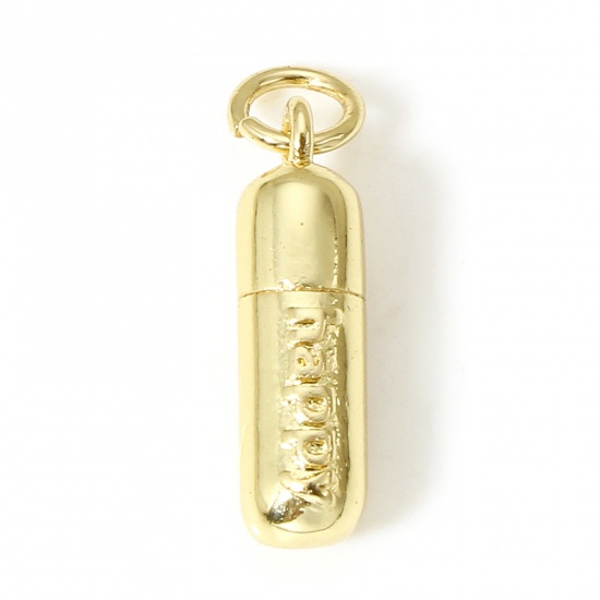 Picture of 1 Piece Brass Positive Quotes Energy Charms 18K Real Gold Plated Pill 3D 20mm x 4.5mm                                                                                                                                                                         